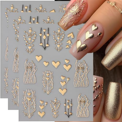 CharmeFleur Goldene Herz Nagelsticker Für Nageldesign 3D Bronzierte Herz Nagelsticker 3 Stück Metallisch Goldene Liebesherzen Baum Streifen Design Selbstklebende