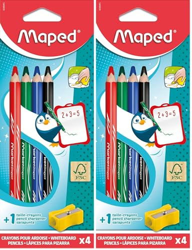 Maped - 4 Crayons de Couleur pour Ardoise Marker'peps Wood + Taille-Crayons - Format Jumbo, Corps Triangulaire - Mine Grasse, Bis FSC - Effaçables à Sec - 4 Couleurs Assorties (Lot de 2)