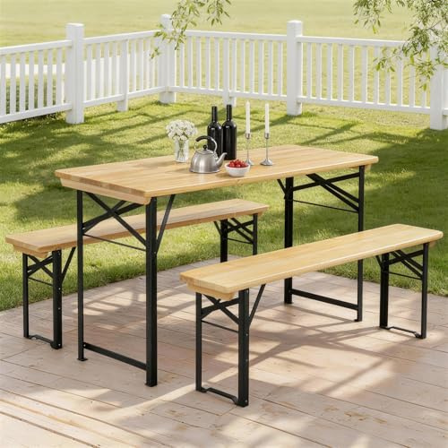 Bonnlo 3-teiliges Bierzeltgarnitur, Gartenmöbel Set, Picknick-Set mit 2 Bänken aus Tannenholz mit Metallgestell, Faltbares Camping-Möbelset für Innen & Außen, 113,5 × 50 × 74,5 cm, Naturholzfarbe