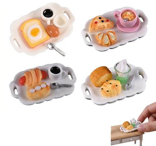 4er Set Miniatur Küchenzubehör, Miniatur Essen, Puppenhaus Essen, Puppenhaus Zubehör, Miniatur Zubehör, Realistische Puppenküche Deko für Mädchen, Simuliertes Frühstücksset mit Kuchen und Brot