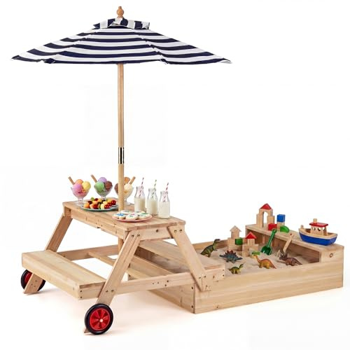 HOMASIS 3 en 1 Table de Pique-Nique en Bois, Ensemble de Sièges, avec Bac à Sable et Parasol Réglable, à 2 Roues, Table Démontable, Espaces de Rangement, pour Jardin, Plage et Balcon