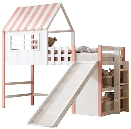 Azkoeesy Letto a Soppalco Casetta 90x200 cm, con 2 Mensole, Tetto e Finestra Integrati, Protezione Anticaduta, Rete a Doghe, Struttura Robusta in Legno di Pino (Rosa con scivolo)