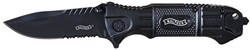 Walther Black Tac Knife TK Einhandmesser mit mattschwarzer Klinge und partiellen Wellenschliff inkl. Glasbrecher