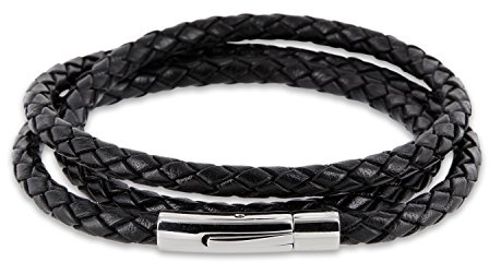 Auroris Echtleder Kette/Armband geflochten 5MM Farbe: schwarz mit Hebeldruckverschluss aus Edelstahl