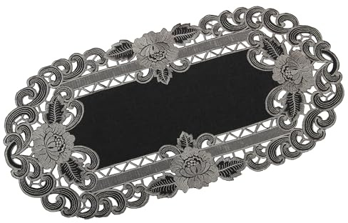 Grau Tischdecke Läufer Leinen-Optik Blumen Stickerei Set (ca. 30x70 cm Oval)