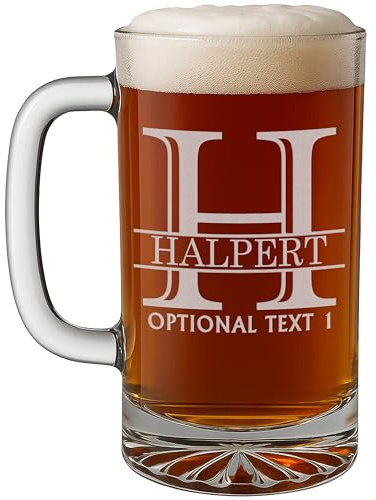 Personalized Fathers Day Etched Glass Beer Mug for Gifting (16oz) – Customizable Dad Monogram and Text Glass Mugs - Custom Father Tankard Style Mugs - Novelty Beer Gifts for Men Halpert