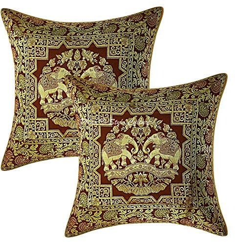 Stylo Culture Bohemio Fundas Almohadones Decorativa 40x40 cm Brocado De Seda Elefante Fundas para Cojines Sofa Marrón Café 16x16 Inch Jacquard Cuadrado Cremallera Fundas para Cojines De Cama - 2 Pcs