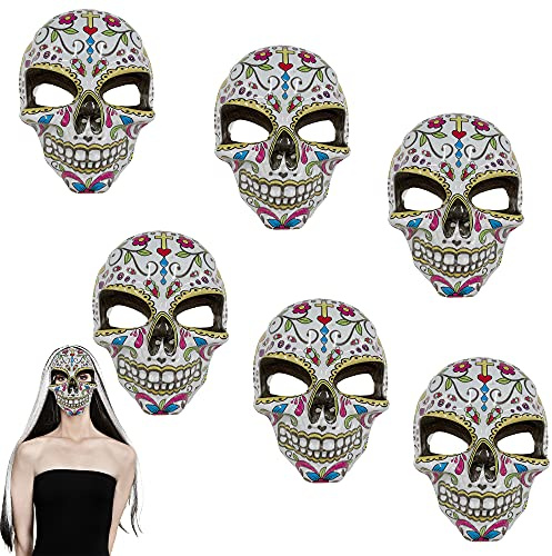 Carnavalife Lot de 6 masques de tête de mort mexicains pour femme, masque catrina fleurs pour femme, accessoires pour Halloween, décoration, couleur aléatoire