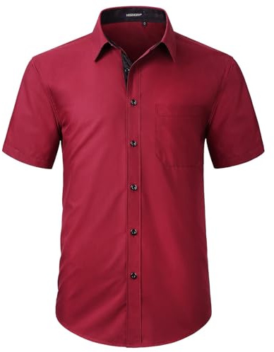 HISDERN Camisa de Manga Corta Rojo para Hombre Casuales de Verano para Hombre Camisas de Color Sólido de Negocios Corte Regular Estándar con Bolsillos, L