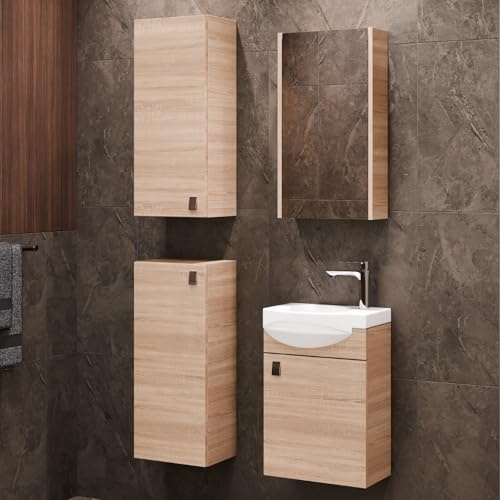 Planetmöbel Badmöbel Set Waschtisch mit Unterschrank | 40 x 60 x 29 cm, Spiegelschrank 40 cm, 2x Midischränke für Badezimmer, Gäste WC & Bad, Sonoma Eiche