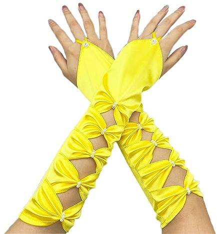 Wambere Damen Fingerlose Handschuhe Lange Satin Handschuhe Bowknot Vintage Brauthandschuhe Abendhandschuhe Tanzhandschuhe für Damen Mädchen Hochzeit Abschlussball Teeparty Kleidungs Zubehör,Gelb