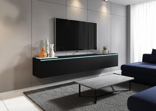 MINIO go for it - TV Schrank Donna Breite 180 cm Lowboard ohne LED | Stehend oder Hängend, Fernsehschrank für das Wohnzimmer, Laminierte Spannplatte, Moderner Stil, Graphit Schwarz