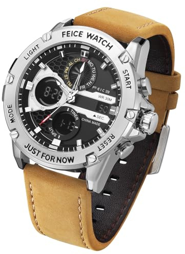 FEICE Herren Quarzuhr Armbanduhren Multifunktions Quarzwerk Wasserdicht Quarzuhr für Herren 48 mm FK036 Braun