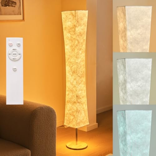 BASRAE Stehlampe Weiss Modern Stehleuchte für Wohnzimmer,LED Weiche Standleuchte für Schlafzimmer,Standlampe Dimmbar mit Fernbedienung 3 Farben,Deko Lampe aus Stoff mit Lampenschirm