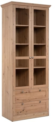 Homestyle4u 2749, Vitrinenschrank Landhausstil 2 Schubladen Glastüren Highboard Holz Eiche Vitrine Wohnzimmerschrank