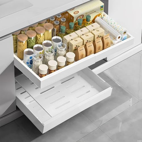 Teleskopschublade, versenkbarer Aufbewahrungsschrank für die Küche, küchenschubladen organizer,Schubladen-Organizer, verstellbare Breite ohne Bohren (32–52 cm), geeignet für Küche, Badezimmer (weiß)