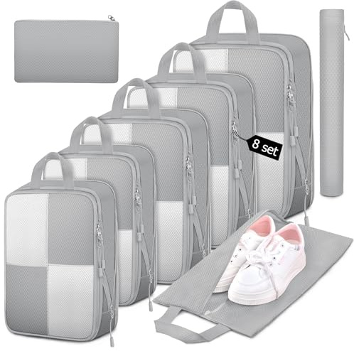 8 Set Compression Packing Cubes for Travel, Expandable Waterproof Travel Organizer, Lightweight Luggage Organizer with Shoes & Laundry Bags, Travel Accessories for Men Women, Grey
