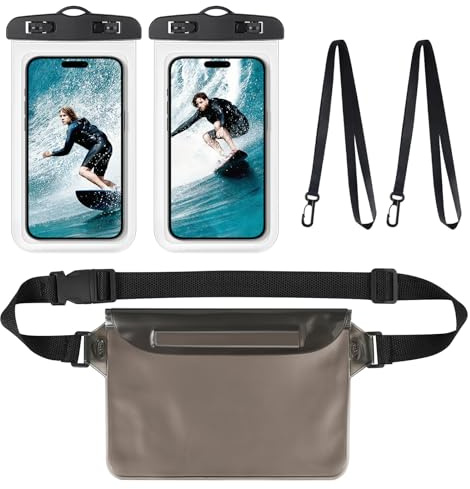 AOOSA 2-pack IPX8 Vattentät Torr Telefonväska och 1Vattentät Midjeväska,Waterproof Pouch för iPhone 16 15 14 13 12 Pro upp till 7,2