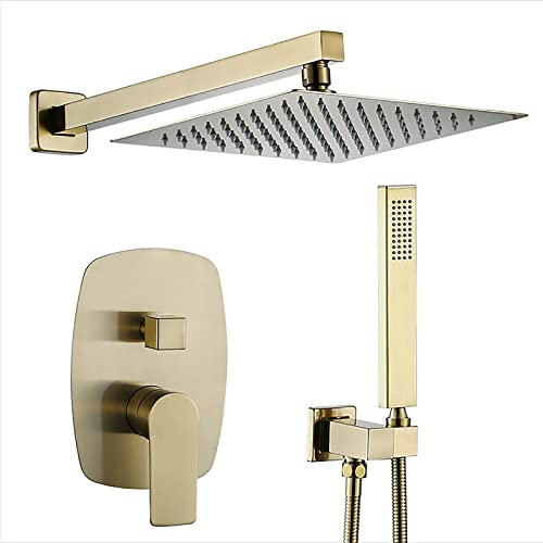 Bath Mixer Tap Wall Mounted Shower Faucet 10 Rain Shower Head with Handheld Spray Shower Set Brushed Gold Rain Mixer Combo Set with Shower Holder, Shower Hose