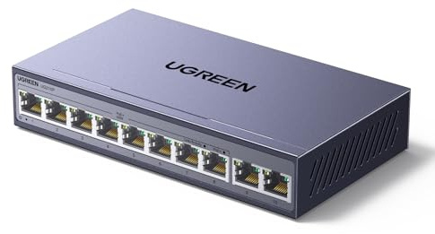 UGREEN 10 Ports POE Network Switch,8 x Gigabit PoE+ Ports & 2 Gigabit Uplink Ports Ethernet Splitter, 802.3af/at 30W,60W Total Budget,Metal Case Hub,Plug & Play for TV/Laptop/Switch/Router/Camera
