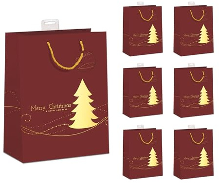 PremiumLine Geschenktüten Weihnachten, 6 Stück | Hochwertig beschichtet & mit Beschriftungskarte | Sehr Stabil, Verstärkter Boden & Rand | FSC® Karton 210 g/m² | DIN A5 (18x23x10cm)