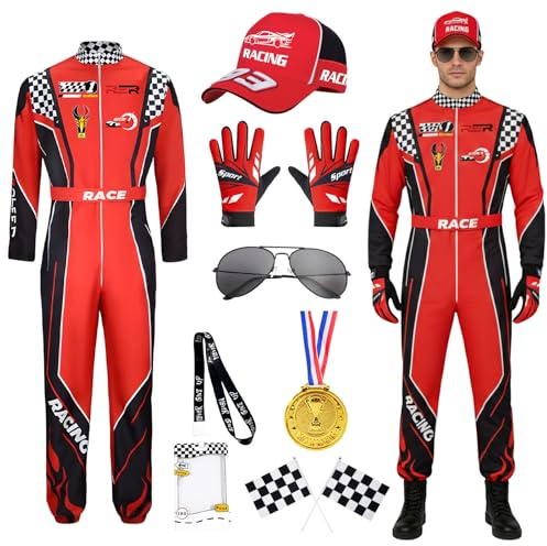 Costume de Pilote de Voiture Homme, Deguisement Pilote de Course pour Homme avec Gants Lunettes Chapeau, Lunettes de Soleil Drapeau Damier Adulte Costume pour Carnaval SoiréE Cosplay (Rouge, M)