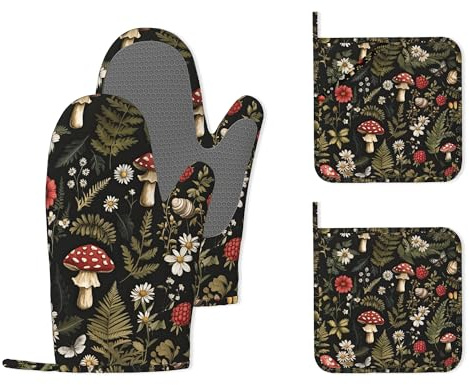 Mushroom Heat-Resistant Silicone Oven Mitts and Pot Holders,Herb Plant Berry Butterfly Long Oven Gloves with Non-Slip Grip for Cooking, Baking, Grilling,BBQ