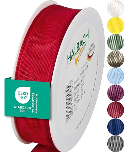 Halbach Geschenkband mit Drahtkante, 25 mm x 25 m, rot | Taftband mit formbarer Drahtkante aus 100% Acetat, Made in Germany, Öko-Tex 100 zertifiziert, wetter-/wasserfest