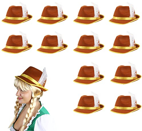 I LOVE FANCY DRESS Oktoberfest Bavarian Hats - Pack of 6 - Brown & Yellow Bavarian Hat with Feather Detail - Adults German Oktoberfest Tyrolean Hat
