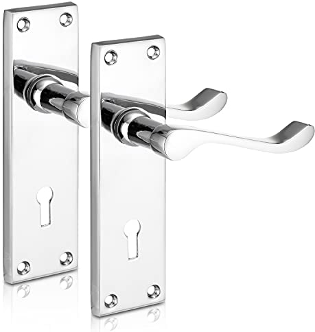 XFORT Lever Lock Scroll Polished Chrome Door Handles, Door Handle Set Ideal for All Types of Internal Wooden Doors That Require Key Locking Security [1 Pair]
