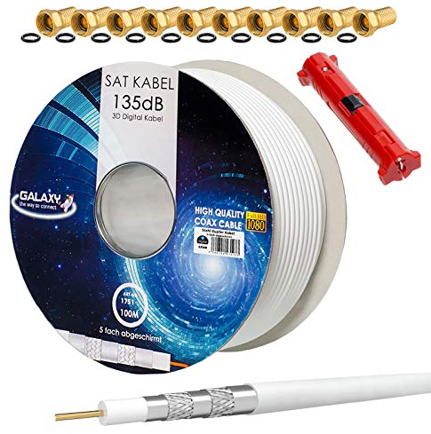 HB-Digital Set 100m de câble coaxial Sat 135db Blanc + 10x F-Plug plaqué Or + 1x Wire Stripper | CCS Câble d'antenne Satellite en cuivre 5 Fois blindé pour Les systèm Radio DVB-S/S2 -C/C2 -T/T2 Dab+