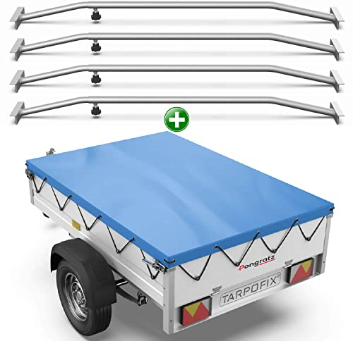 Tarpofix® Anhänger Plane 256x145 cm + 4X Planenbügel | Anhängerplane Flachplane aus PVC PLANENMATERIAL | Verstärkte Pongratz LPA 250/13 Anhänger Plane für PKW Hänger | Abdeckplane + Flachplanenbügel