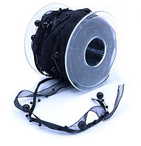 ANCLLO 10M Künstliche Perlenband Chiffon-Band und Organza-Spitze-Band-Ordnungen für Hochzeits-Blumen-Weihnachtsbaum-Dekoration Nähen Handwerk Verpackung (Schwarz)