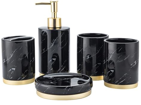 Tauzveok Accessoires Für Bad Keramik Badezimmer Set 6 Teilig Bad Set Zubehör Seifenspender Tablett Zahnbürstenhalterung Seifenschale Zahnputzbecher Vintage,Schwarz