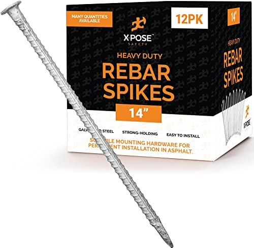 Heavy Duty Rebar Stakes 14 - 1/2 Diameter Threaded Galvanized Steel Spikes – 12 Pack Metal Ground Stakes for Speed Bumps & Wheel Stops – Support Estacas de Metal – Durable Asphalt Surface