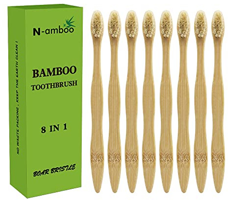 N-amboo Bambus-Zahnbürste Wildschweinborsten, 100% biologisch abbaubar und natürlich, 8 Stück pro Packung