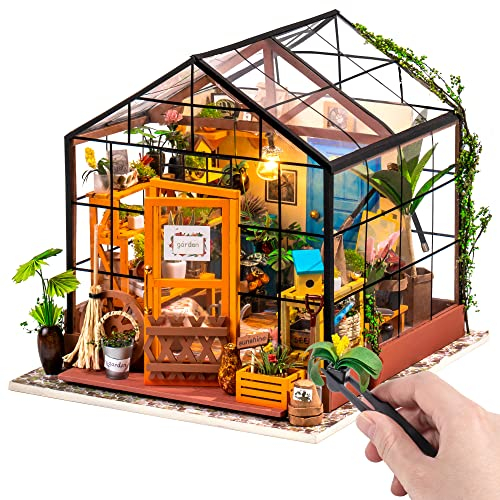 ROWOOD Doll House Kit Greenhouse, DIY Miniature Room with LED light, Wooden Model Building Kit for Adults, Cathy's Flower House for Christmas