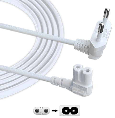 AJTECH® 3M Stromkabel TV - Zertifiziertes AC Netzkabel 2 Polig 90Grad C7 IEC Kabel Eurostecker Winkel - Kompatibel Samsung LG TV LED PS4 Slim Xbox Series S Drucker Nähmaschine PS5 Power Cable - weiß
