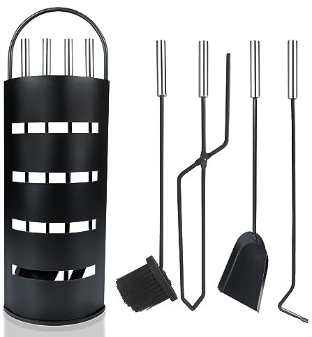 SUBTLETY Set di 5 posate per camino, in acciaio inox, accessori per la pulizia del camino, set con supporto, paletta per cenere, scopa, gancio, pinza (nero)