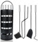 SUBTLETY Set di 5 posate per camino, in acciaio inox, accessori per la pulizia del camino, set con supporto, paletta per cenere, scopa, gancio, pinza (nero)