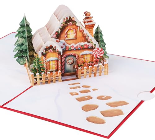 Biglietto Auguri Natale 3D Pop-Up, Casetta Pan di Zenzeri, con Busta, Biglietti Auguri Natalizi Buon Natale Idee Regalo