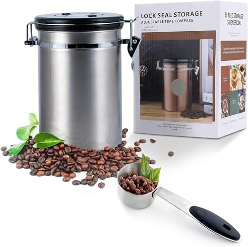 Jasfyee Airtight Coffee Canister, 1.8L Stainless Steel Coffee Storage Container with Date Tracker, Measuring Spoon and CO2-Release Valve for Coffee Beans, Tea & Coffee Storage