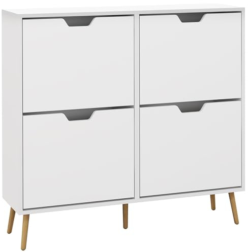 HOMCOM Modern Shoe Cabinet with 4 Flip Drawers and Adjustable Shelf, Hallway Shoe Cupboard Storage Organizer for 8-16 Pairs of Shoes, White