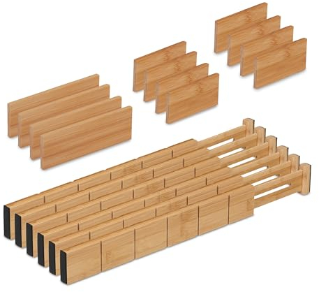Relaxdays Schubladentrenner, 18-TLG. Set, verstellbare Länge von 43,5 bis 57 cm, Bambus, Schubladenteiler Küche, Natur