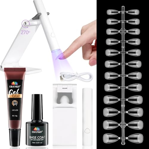 EBANKU Nail Tips und Glue Gel Kit - UV Lampe für Nägel, Feste Nagelkleber, Base Coat, 120 Soft Gel Nagelkleber, Nagelverlängerung - Short Almond