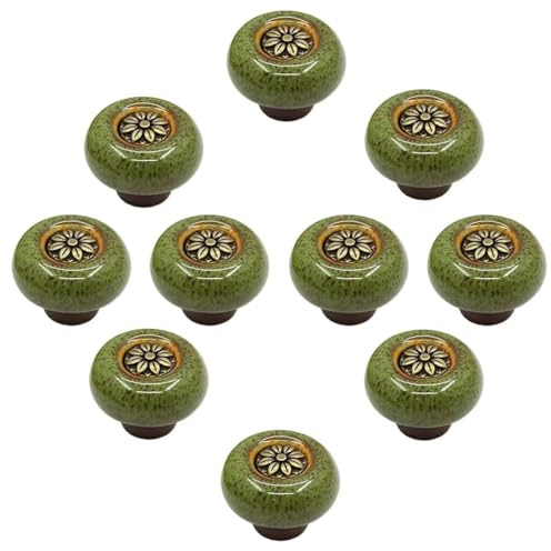 HDJNal 10 Stück Vintage Keramik Tür Schubladengriffe 32mm Runde Schubladenknöpfe Möbelknöpfe Türknöpfe Möbelgriffe für Schränke Kommode Küche Kinderzimmer (Bronze-Grün)