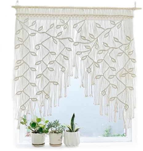 Wedhapy Macrame Sliding Curtain - Boho Woven Leaves Short Country Style Bistro Wall Hanging for Home Door - Beige, 100x100cm