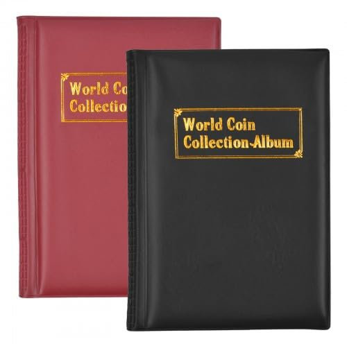 Ehuihuan Münzalbum 2er Set - Münzen Aufbewahrung für 240 Münzen, Hochwertiges Münzsammelalbum aus PU-Leder, Ideal auch als Briefmarkenalbum - Rot und Schwarz