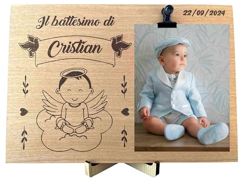 Generico Portafoto da tavolo in legno per battesimo bimbo, Quadretto con molletta per feste ed eventi, Cornice moderna con dedica, busta regalo per soldi, Idea regalo personalizzata (Bambino)