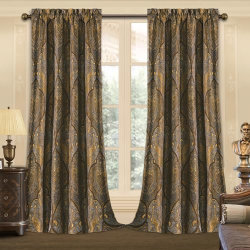 Loom and Mill Luxuriöse Jacquard-Vorhänge für Schlafzimmer, klassisch, antik gefüttert, Damastvorhänge, 2 Paneele mit Raffhaltern, Bronze-Gold, Fenstervorhang für Wohnzimmer, Urlaub, Bankett, Dekor